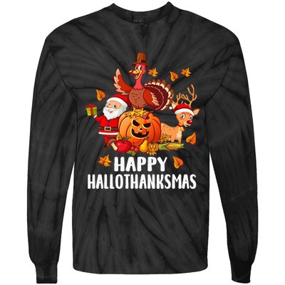 Happy Hallothanksmas Halloween Thanksgiving Christmas Day Tie-Dye Long Sleeve Shirt