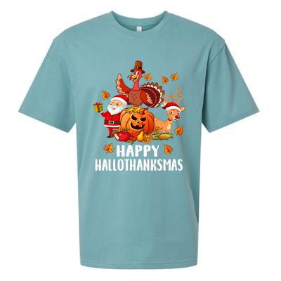 Happy Hallothanksmas Halloween Thanksgiving Christmas Day Sueded Cloud Jersey T-Shirt