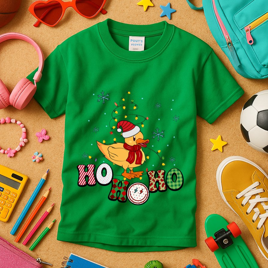 Ho Ho Ho Duck Funny Christmas Lights Gift Kids T-Shirt