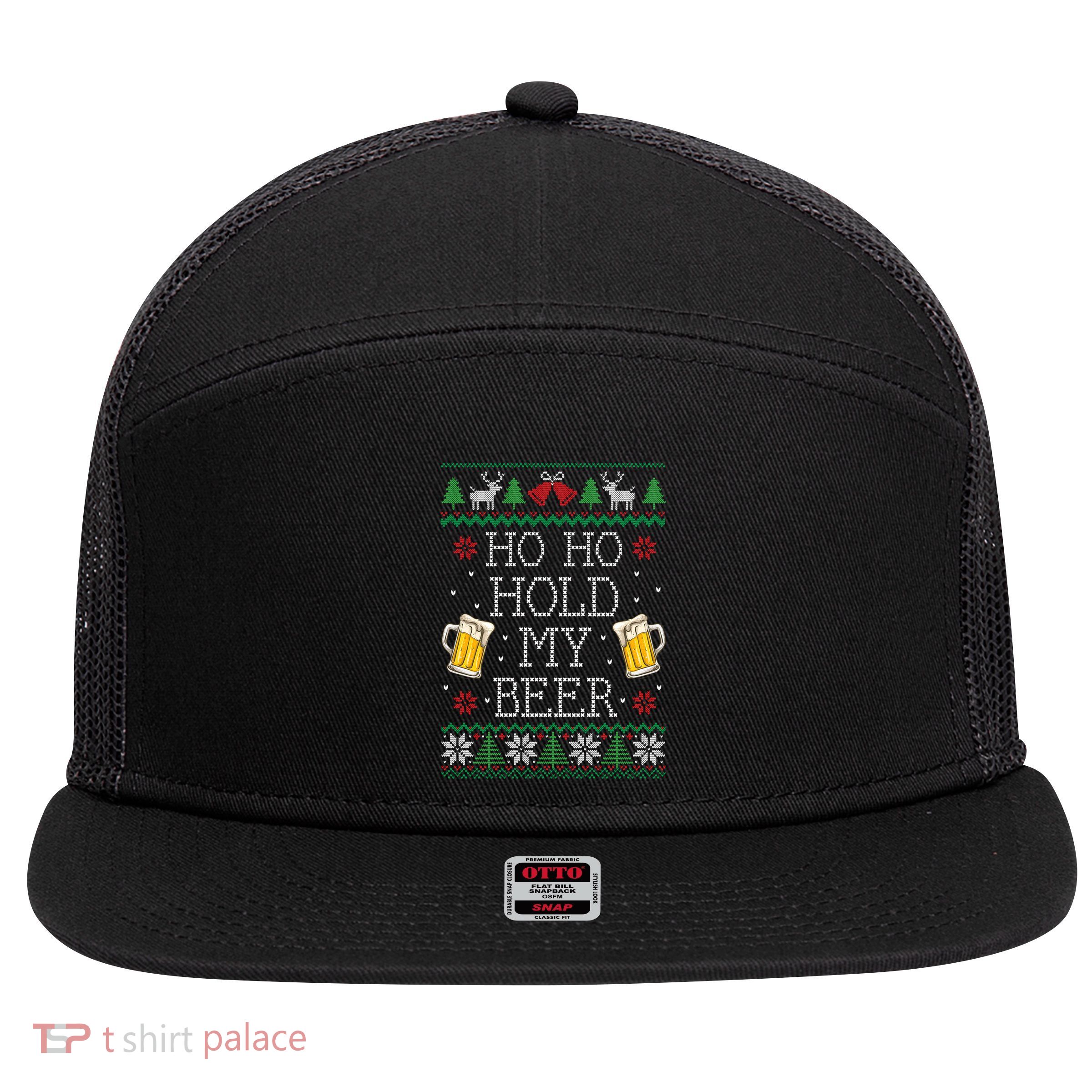 Ho Ho Hold My Beer Christmas Ugly Sweater Gift 7 Panel Mesh Trucker Snapback Hat