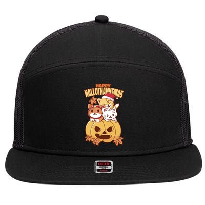 Happy Hallothanksmas Holiday Cats 7 Panel Mesh Trucker Snapback Hat