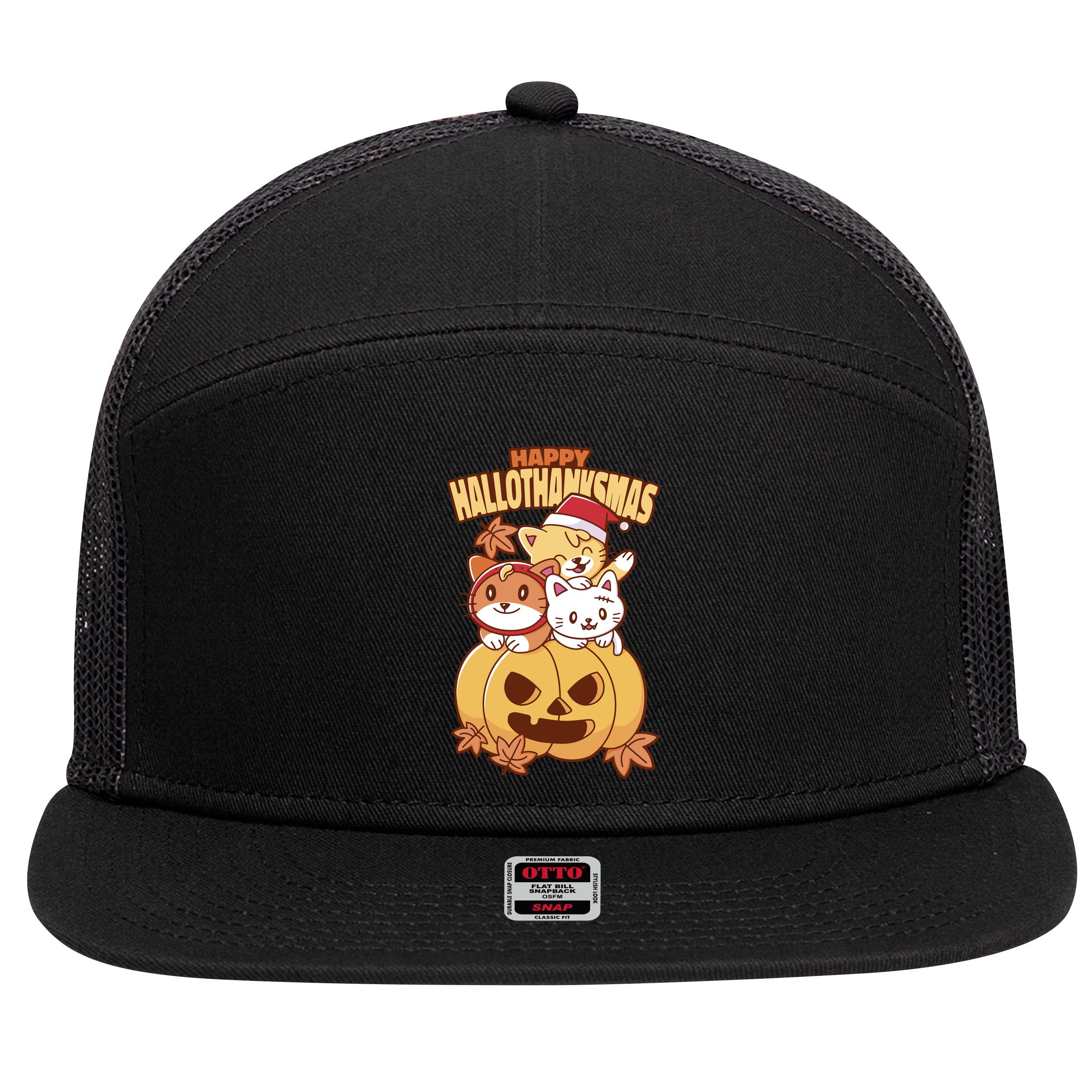 Happy Hallothanksmas Holiday Cats 7 Panel Mesh Trucker Snapback Hat