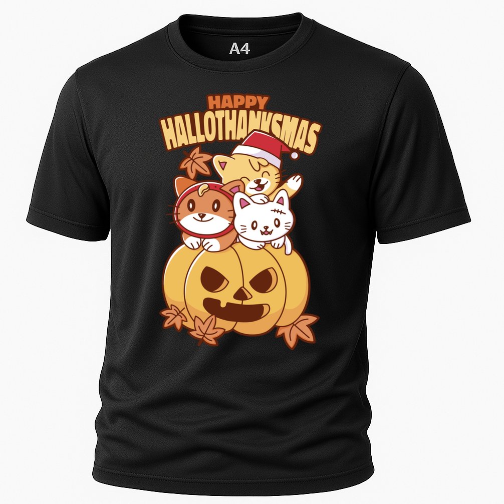 Happy Hallothanksmas Holiday Cats Cooling Performance Crew T-Shirt
