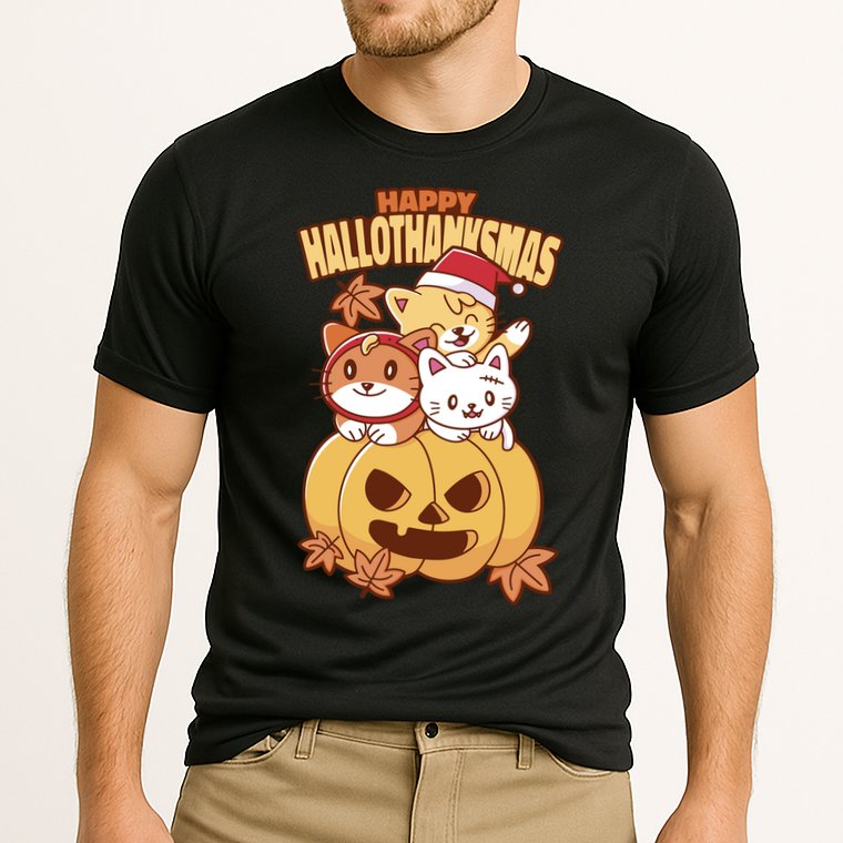 Happy Hallothanksmas Holiday Cats Cooling Performance Crew T-Shirt