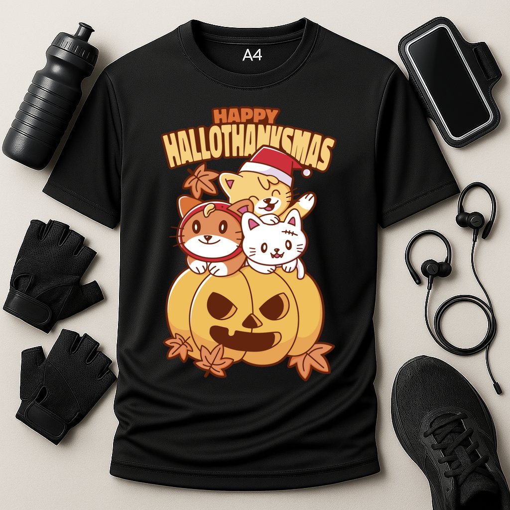 Happy Hallothanksmas Holiday Cats Cooling Performance Crew T-Shirt