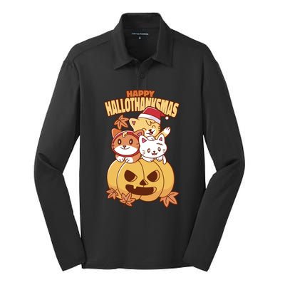 Happy Hallothanksmas Holiday Cats Silk Touch Performance Long Sleeve Polo