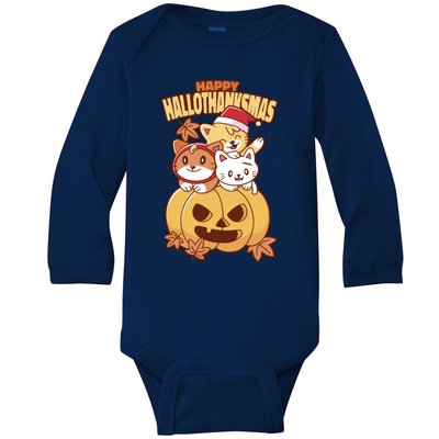 Happy Hallothanksmas Holiday Cats Baby Long Sleeve Bodysuit