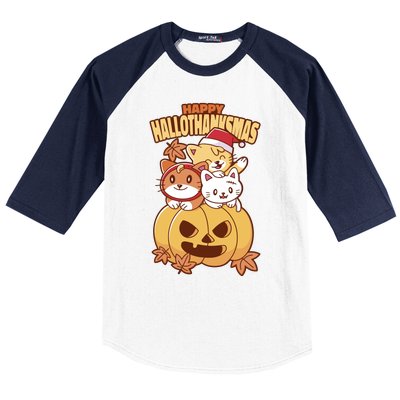 Happy Hallothanksmas Holiday Cats Baseball Sleeve Shirt