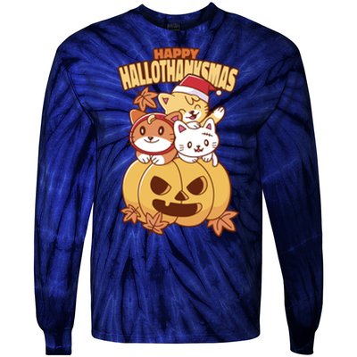 Happy Hallothanksmas Holiday Cats Tie-Dye Long Sleeve Shirt