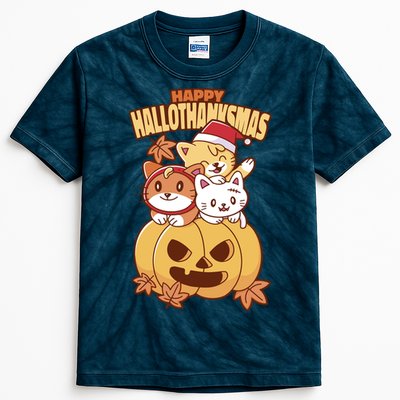 Happy Hallothanksmas Holiday Cats Kids Tie-Dye T-Shirt