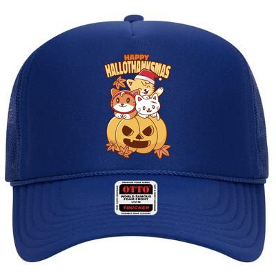 Happy Hallothanksmas Holiday Cats High Crown Mesh Back Trucker Hat