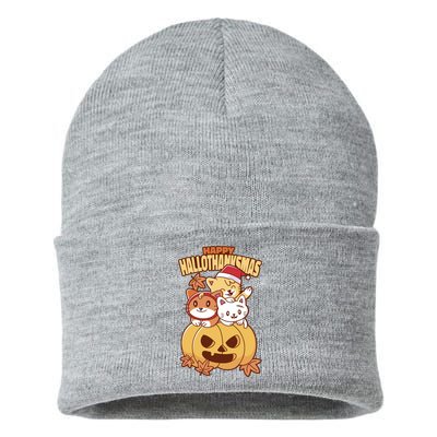 Happy Hallothanksmas Holiday Cats Sustainable Knit Beanie