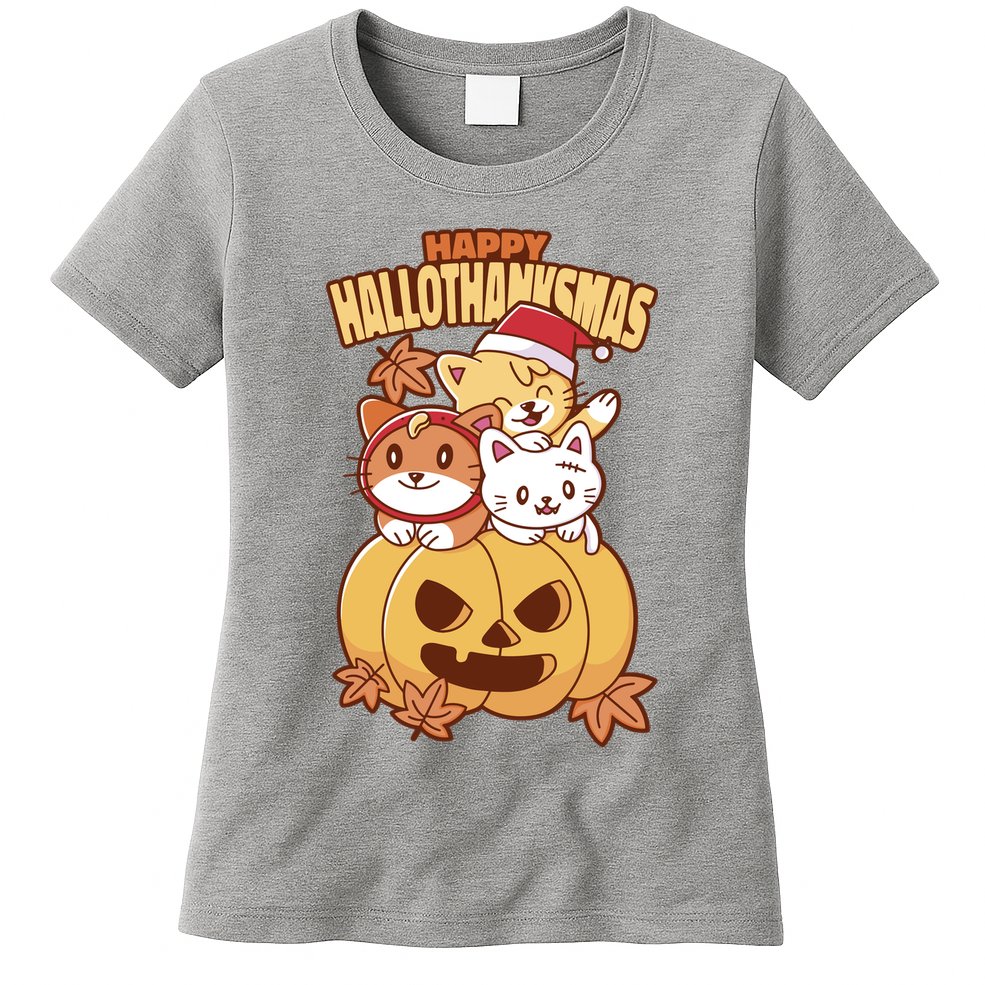 Happy Hallothanksmas Holiday Cats Womens T-Shirt