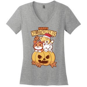 Happy Hallothanksmas Holiday Cats Women's V-Neck T-Shirt