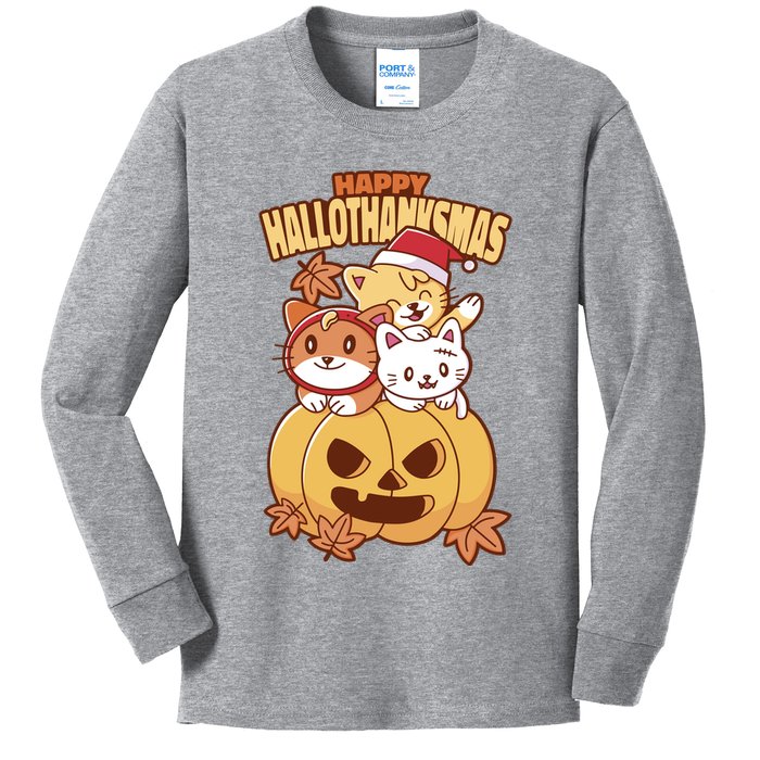 Happy Hallothanksmas Holiday Cats Kids Long Sleeve Shirt