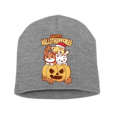 Happy Hallothanksmas Holiday Cats Short Acrylic Beanie