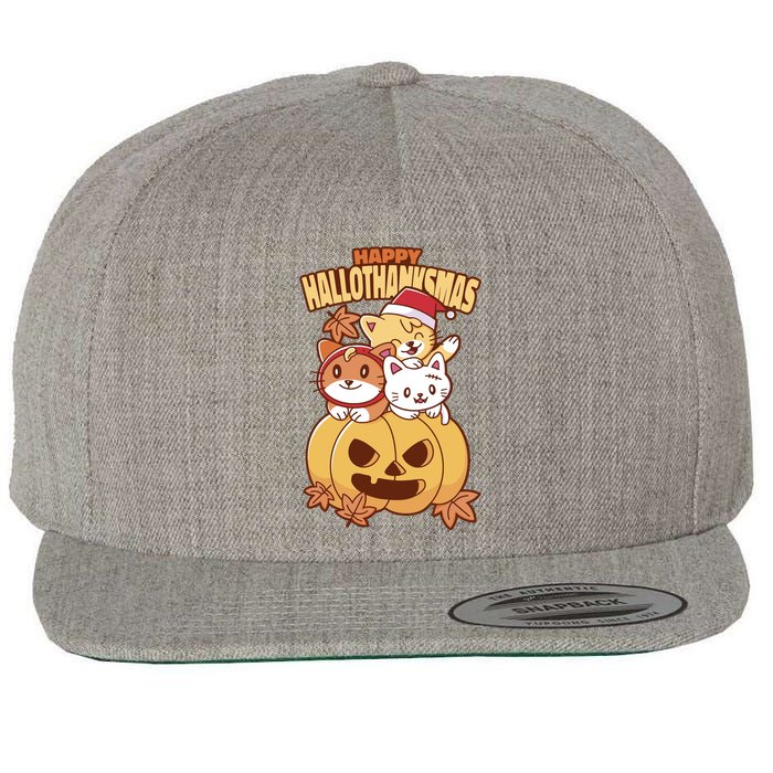 Happy Hallothanksmas Holiday Cats Wool Snapback Cap