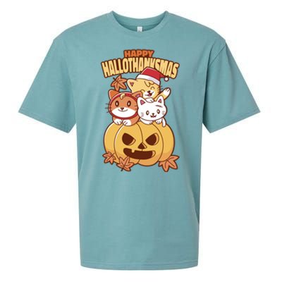 Happy Hallothanksmas Holiday Cats Sueded Cloud Jersey T-Shirt