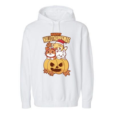 Happy Hallothanksmas Holiday Cats Garment-Dyed Fleece Hoodie