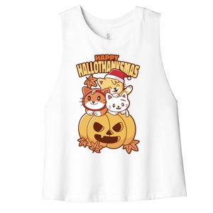 Happy Hallothanksmas Holiday Cats Women's Racerback Cropped Tank