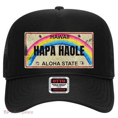 Hapa Haole Hawaiian License Plate High Crown Mesh Back Trucker Hat