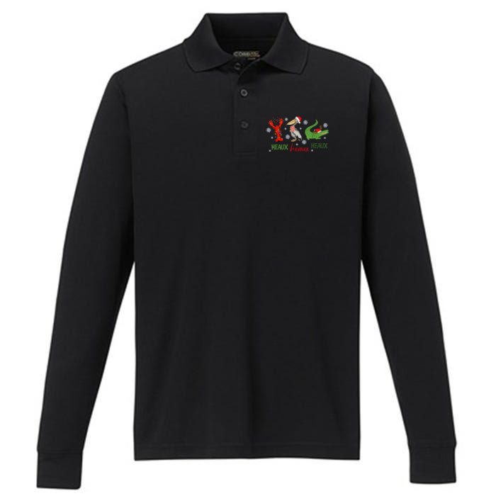 Heaux Heaux Heaux Cajun Christmas Crawfish Pelican Alligator Performance Long Sleeve Polo