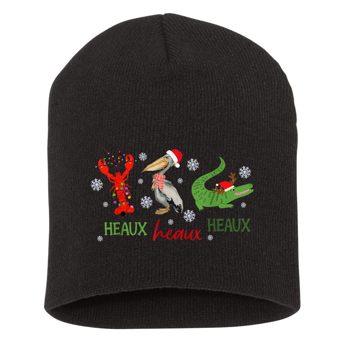 Heaux Heaux Heaux Cajun Christmas Crawfish Pelican Alligator Short Acrylic Beanie