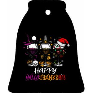 Happy Hallothanksmas Halloween Wine Thanksgiving Christmas Ceramic Bell Ornament