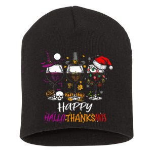 Happy Hallothanksmas Halloween Wine Thanksgiving Christmas Short Acrylic Beanie