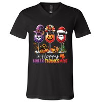 Happy Hallothanksmas Halloween Thanksgiving Christmas V-Neck T-Shirt