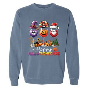 Happy Hallothanksmas Halloween Thanksgiving Christmas Garment-Dyed Sweatshirt