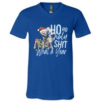 Ho Ho Holy Shit What A Year Gift Funny Christmas Skeleton Gift V-Neck T-Shirt