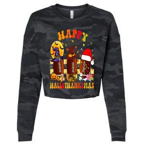 Happy HalloThanksmas Halloween Fall Thanksgiving Football Cropped Pullover Crew