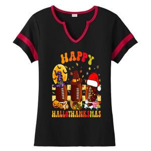 Happy HalloThanksmas Halloween Fall Thanksgiving Football Ladies Halftime Notch Neck Tee