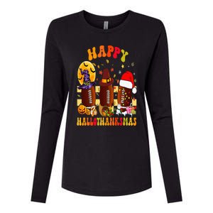 Happy HalloThanksmas Halloween Fall Thanksgiving Football Womens Cotton Relaxed Long Sleeve T-Shirt