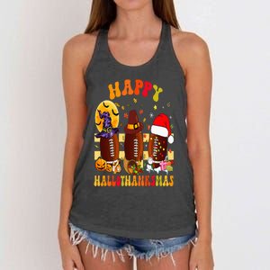 Happy HalloThanksmas Halloween Fall Thanksgiving Football Women's Knotted Racerback Tank