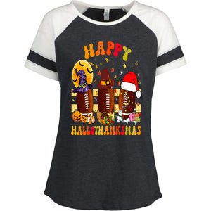 Happy HalloThanksmas Halloween Fall Thanksgiving Football Enza Ladies Jersey Colorblock Tee