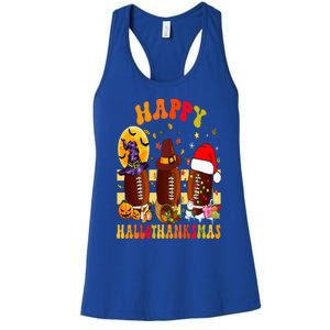 Happy HalloThanksmas Halloween Fall Thanksgiving Football Women's Racerback Tank