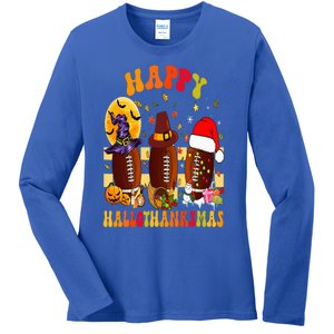 Happy HalloThanksmas Halloween Fall Thanksgiving Football Ladies Long Sleeve Shirt