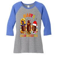 Happy HalloThanksmas Halloween Fall Thanksgiving Football Women's Tri-Blend 3/4-Sleeve Raglan Shirt