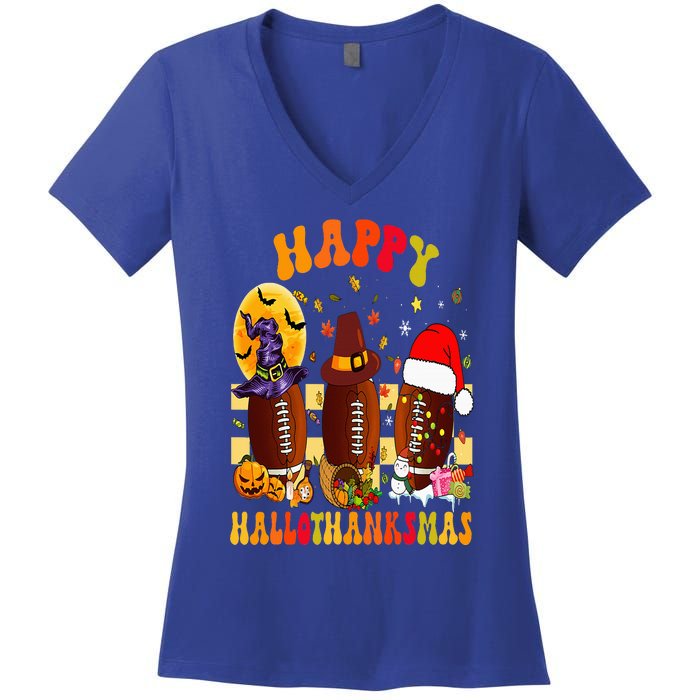 Happy HalloThanksmas Halloween Fall Thanksgiving Football Women's V-Neck T-Shirt