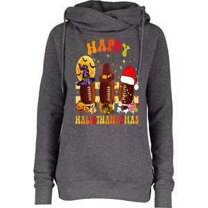 Happy HalloThanksmas Halloween Fall Thanksgiving Football Womens Funnel Neck Pullover Hood