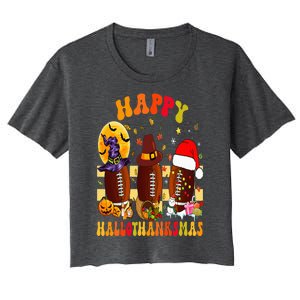 Happy HalloThanksmas Halloween Fall Thanksgiving Football Women's Crop Top Tee