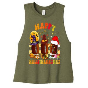 Happy HalloThanksmas Halloween Fall Thanksgiving Football Women's Racerback Cropped Tank