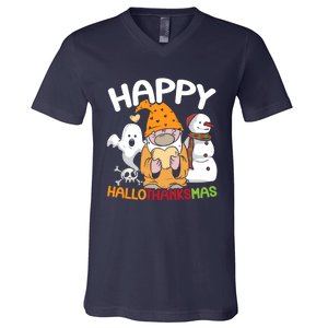 Happy Hallothanksmas Halloween Thanksgiving Christmas V-Neck T-Shirt