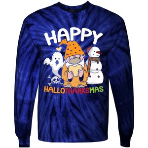 Happy Hallothanksmas Halloween Thanksgiving Christmas Tie-Dye Long Sleeve Shirt