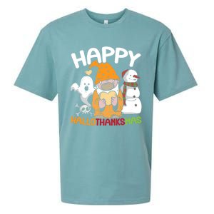 Happy Hallothanksmas Halloween Thanksgiving Christmas Sueded Cloud Jersey T-Shirt