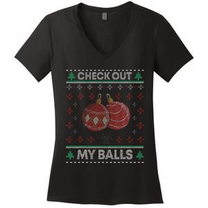 Hilarious Holiday Humor Christmas Check Out My Balls Women's V-Neck T-Shirt