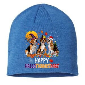 Happy Hallothanksmas Halloween Thanksgiving Christmas Beagle Gift Sustainable Beanie