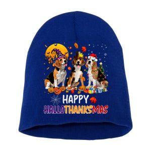 Happy Hallothanksmas Halloween Thanksgiving Christmas Beagle Gift Short Acrylic Beanie